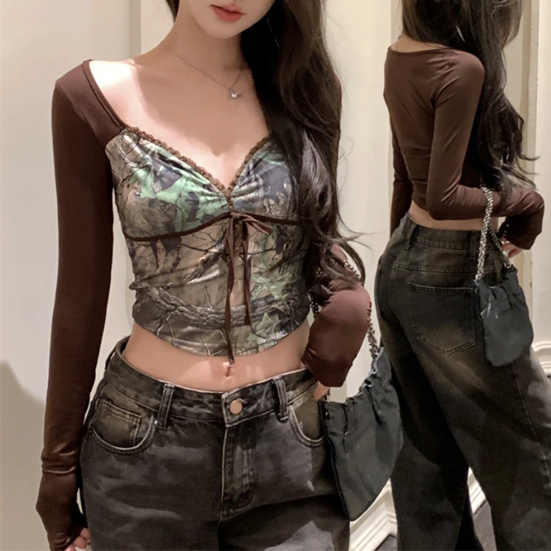 

2023 Autumn for Women Crop Tops Vintage Korean Retro High Street Lace Up T-Shirt Streetwear Tee Shirt