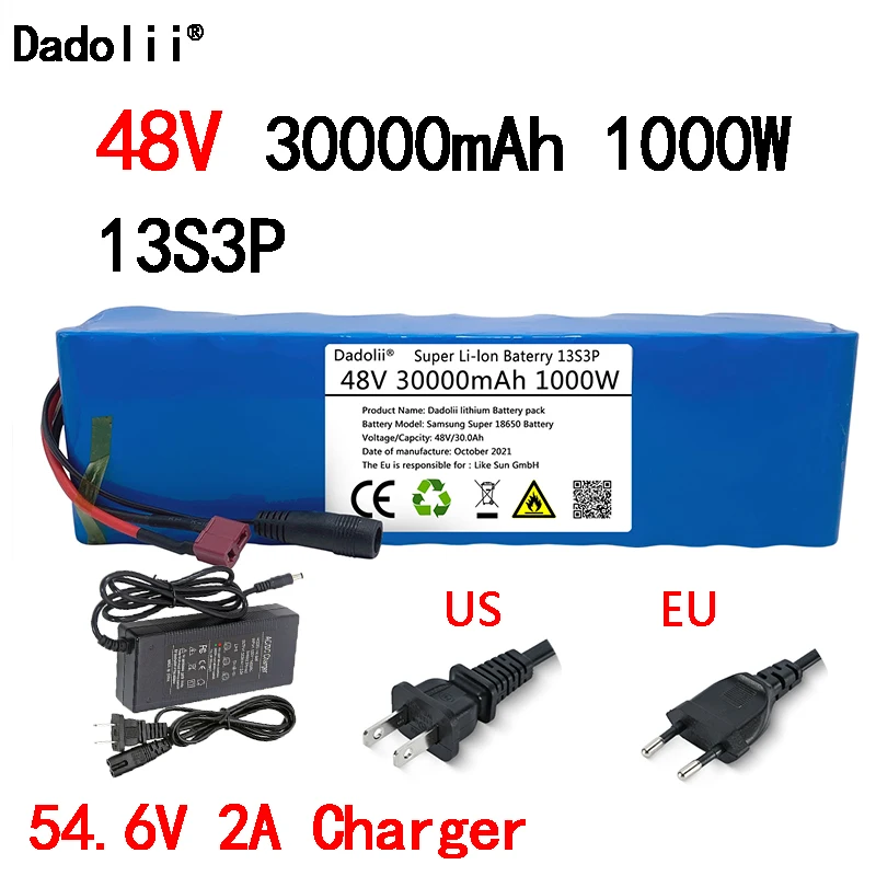 

48V Battery Pack e-bike battery 30Ah 18650 li-ion battery pack bike Scooter Electric Bicycle 1000w With T Plug + 54.6v Charger