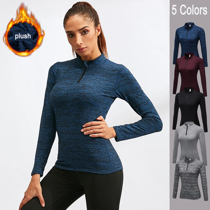 

Women Long Sleeve Yoga Top Fitness Running Training Exercise T-Shirt Elastic Tight Fitting Plush Sports Sweatshirt Stand Collar