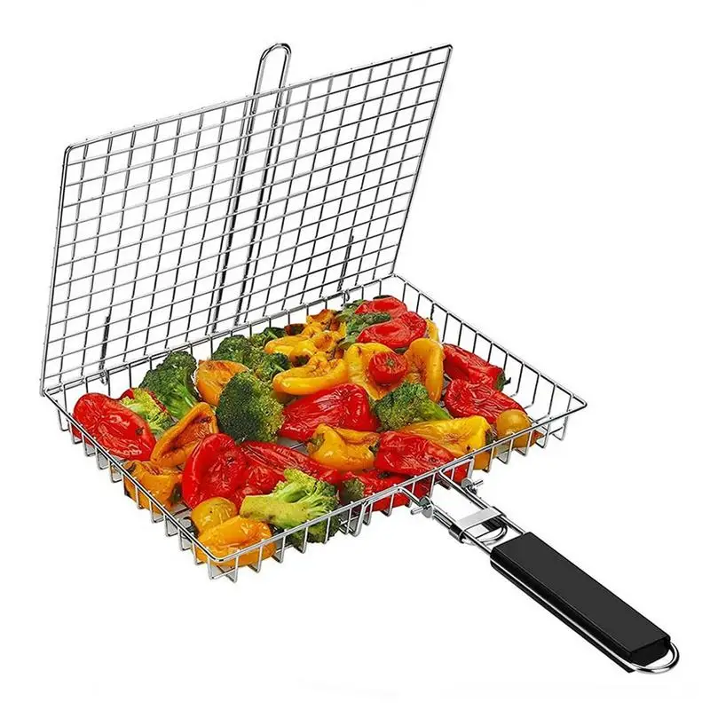 

Fish Grill Steel Grilling Roasting Rack With Removable Handle Portable Non Stick BBQ Fish Rack For Smoking Roasting Charcoal