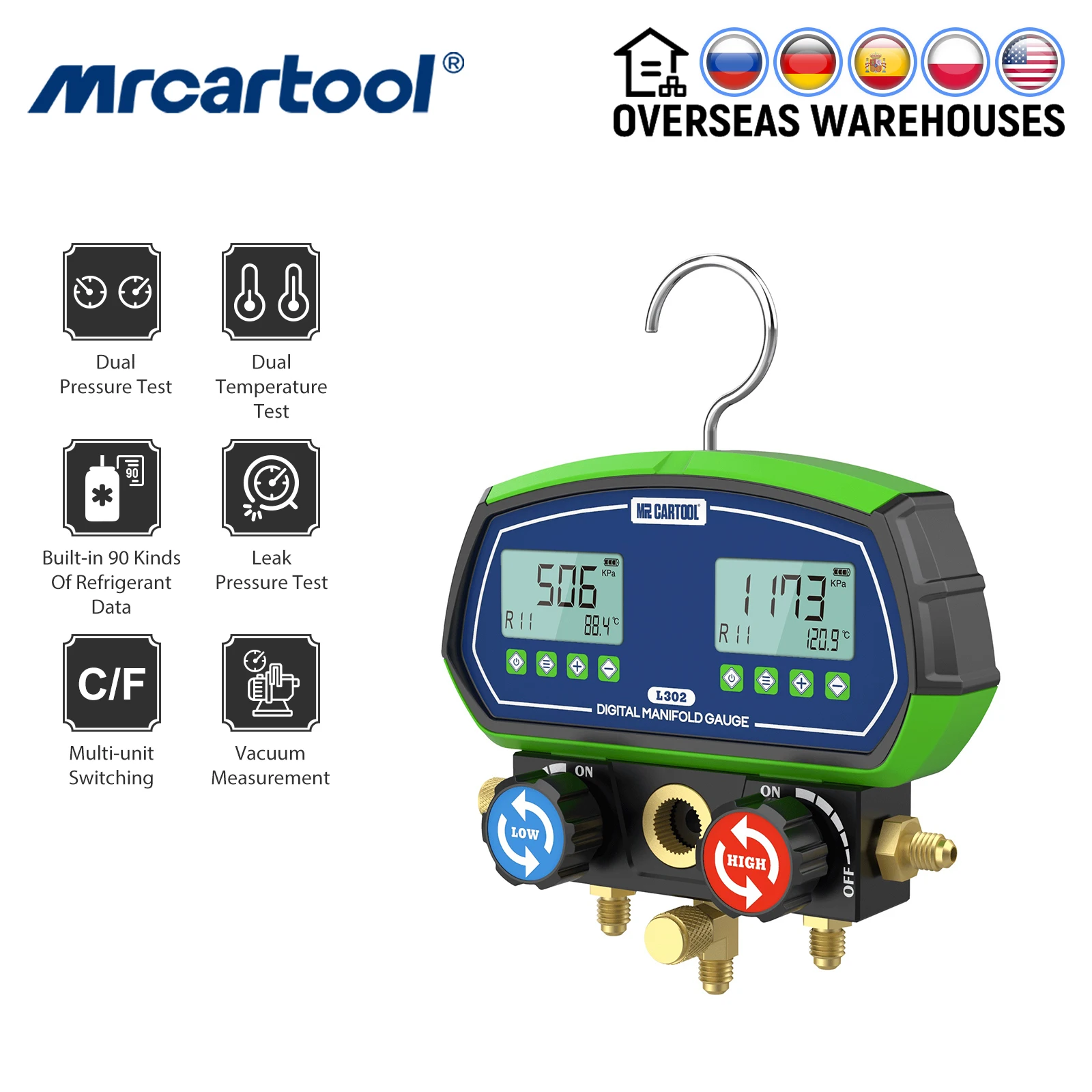 

MRCARTOOL L302 Air Conditioning Manifold HVAC Vacuum Pressure Temperature Tester Leakage Test Refrigeration Tool 90 Refrigerants