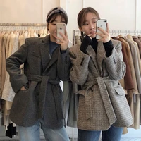 korean style retro houndstooth oversize autumn and winter lace up suit loose woolen ladies jacket fashion casual jacket 2021 new