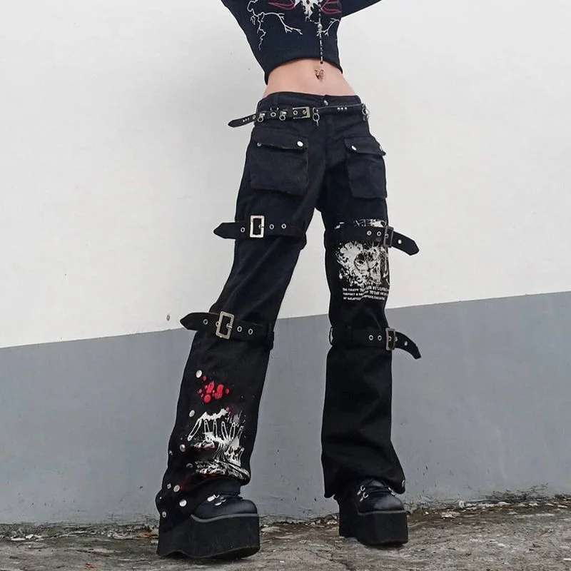 Cargo Pants High Waist Hippie Loose Jean Pant For Women Eyelet Buckle Goth Punk Denim Trouser Y2k Dark Academic Print Streetwear