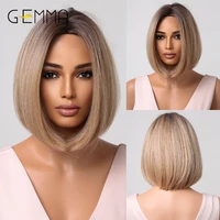 gemma short straight bob synthetic wigs for women blonde highlight platinum wig with dark roots cosplay heat resistant hair