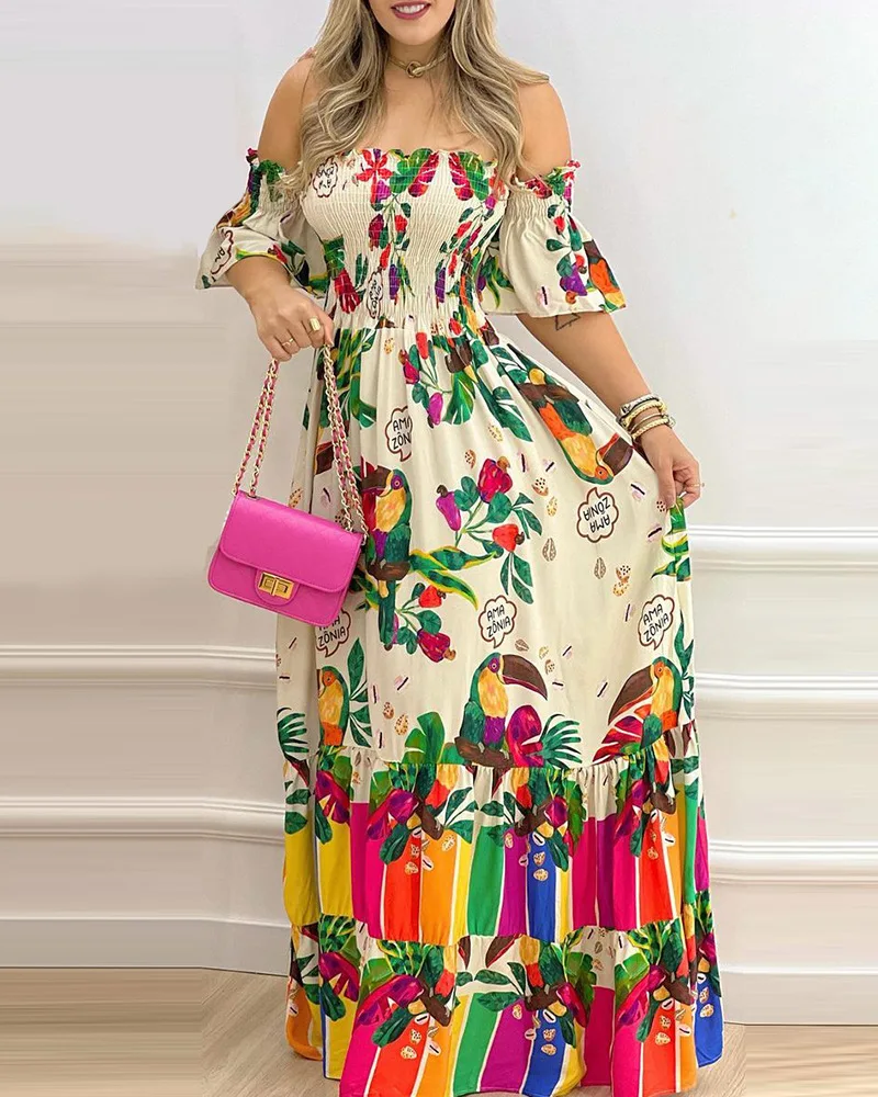 

2023 Fashion Street Temperament Elegant Beige Print One Shoulder Waist Dress
