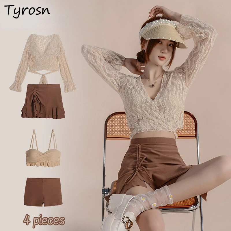 

Bikini Sets Women 4 Pieces Design Elegant Fashion Sun-proof Lace-up Simple Korean Style Mujer Temperament Vacation Summer Cozy