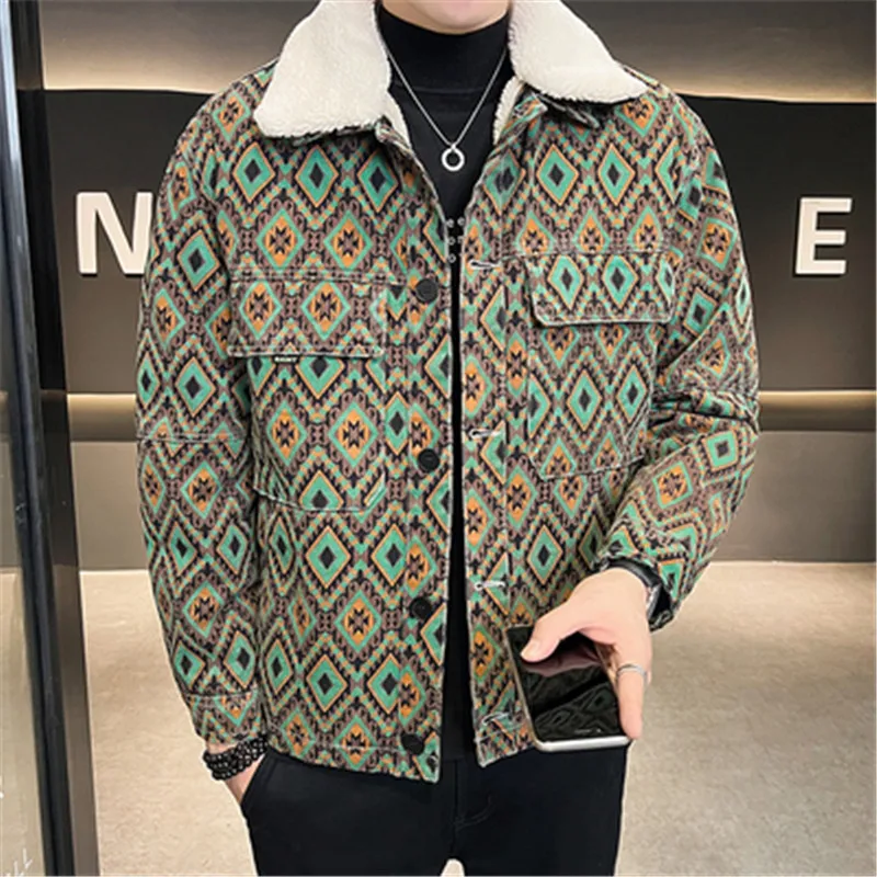 

Мужская теплая куртка с отложным воротником и принтом Аргайл, дизайнерская Повседневная Верхняя одежда из овечьей шерсти, Jaqueta Couro, Мужская одежда, Молодежная мужская зимняя одежда