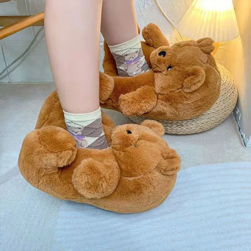 Parent and baby designer cartoon teddy bear slippers furry indoor shoes children fluffy toys funny slippers kids