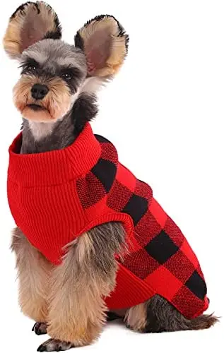 

Dog Sweater, Classic Plaid Knitwear for Cold Weather Turtleneck Pet Christmas Clothes Cozy Doggie Vest Dog Winter Coat Costume M