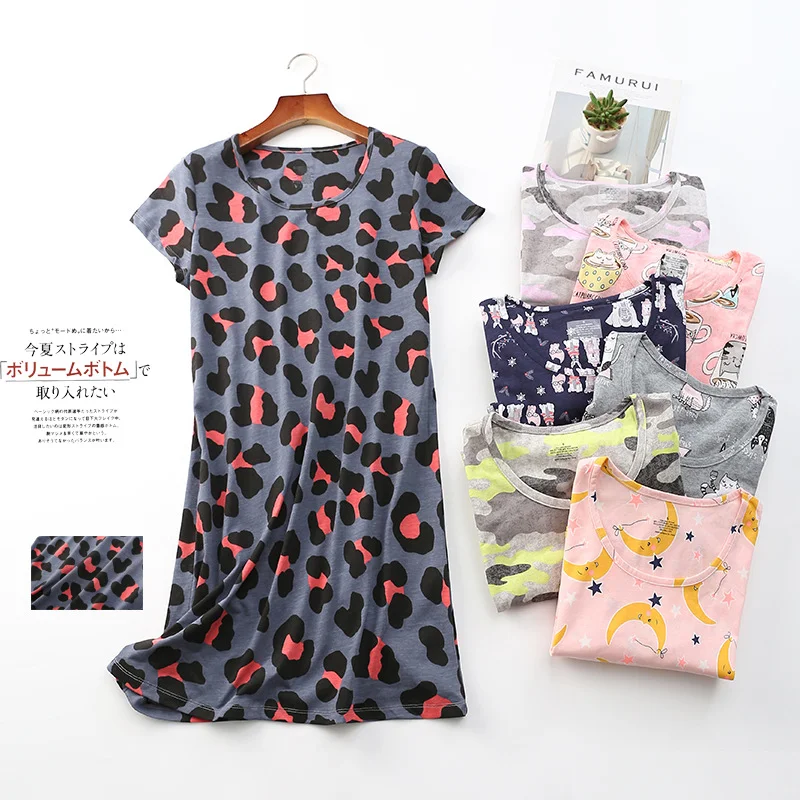 

Knitted Cute Printed Night Dress Women Sleepwear Multi Styles Ladies Short-sleeved Nightdress Summer Style Home Sleeping Dress