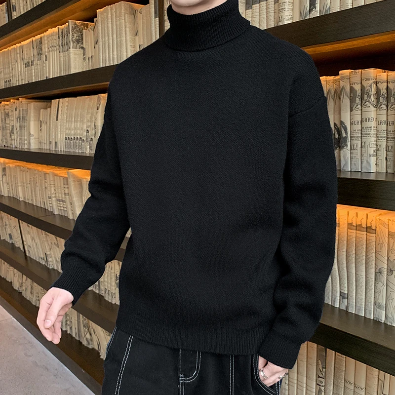 Men's Clothing Autumn Winter High-neck Screw Thread Solid Color Pullover Sweater Knitted Long Sleeve Casual High Street Tops