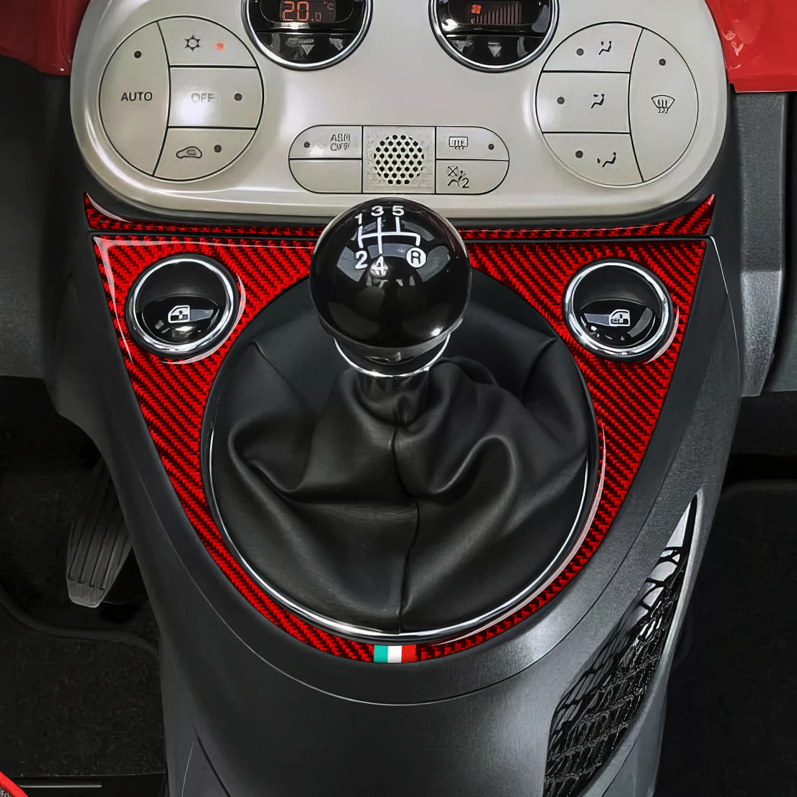 Фото Панель рулевого колеса для Fiat Abarth 500, 500C, 500e, 595, 695. Панель управления переключением передач на консоли. Мягкая красная наклейка из углеродного волокна для интерьера №4