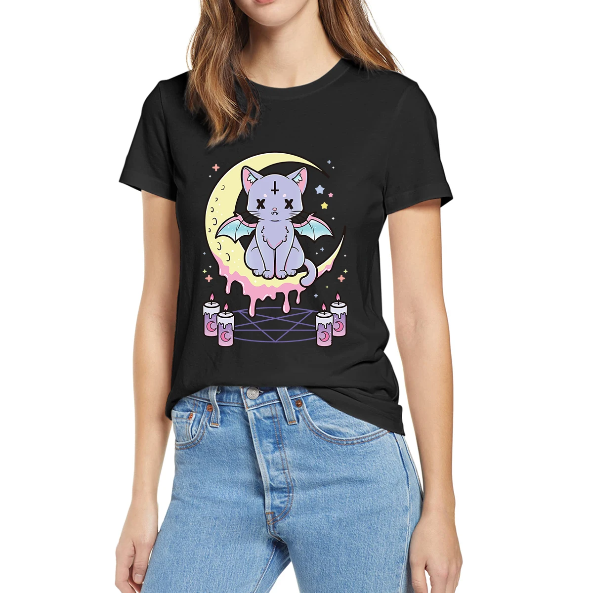 

100% Cotton Kawaii Pastel Goth Cute Creepy Black Cat Funny Summer Women Casual Novelty T-Shirt Casual Loose Tops Tee EU Size