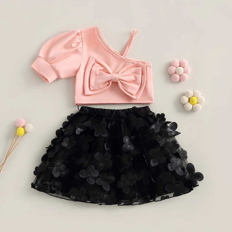

Toddler Girls Summer Clothes Short Sleeve One Shoulder Bow Crop Tops + Black 3D Butterfly Tulle Tutu Skirt Outfit