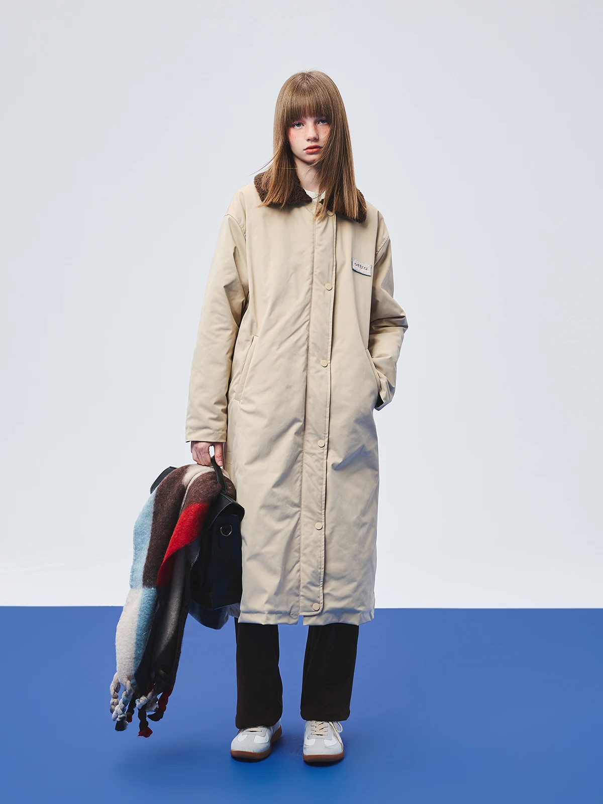 Autumn and Winter Khaki Elegant Long Fur Lapel Cotton Coat Trench Coat