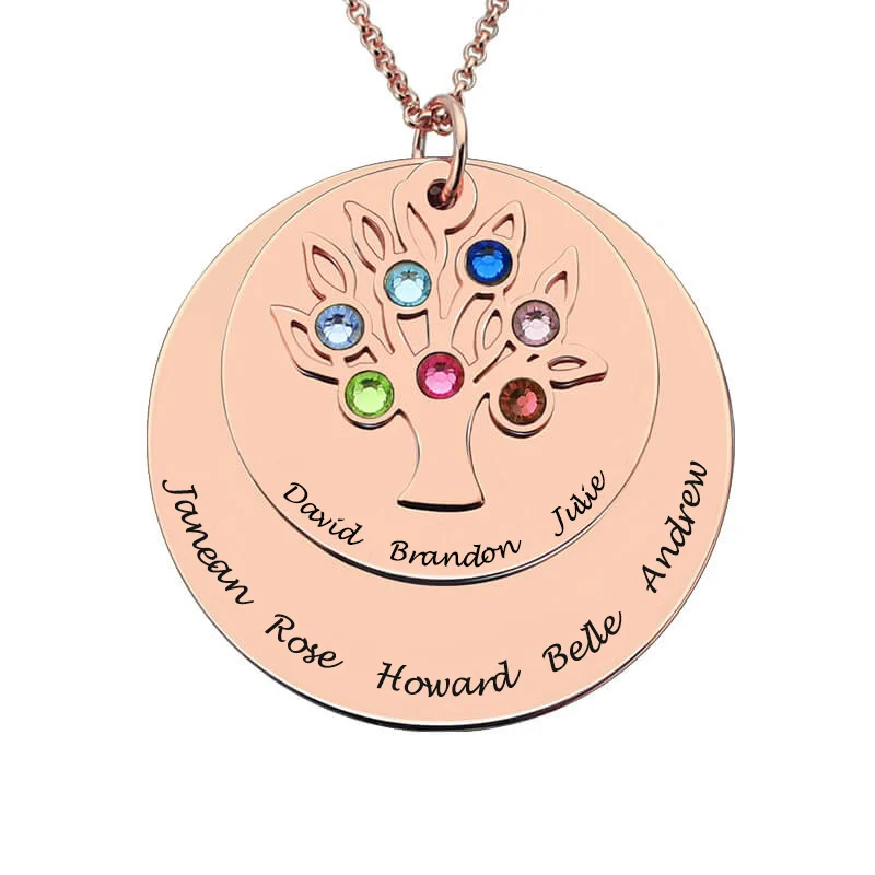 

Custom Name Necklace Family Tree of Life Necklaces Layered Disc Pendant Birth Stone Chain Rose Gold Collares Gift for Grandma
