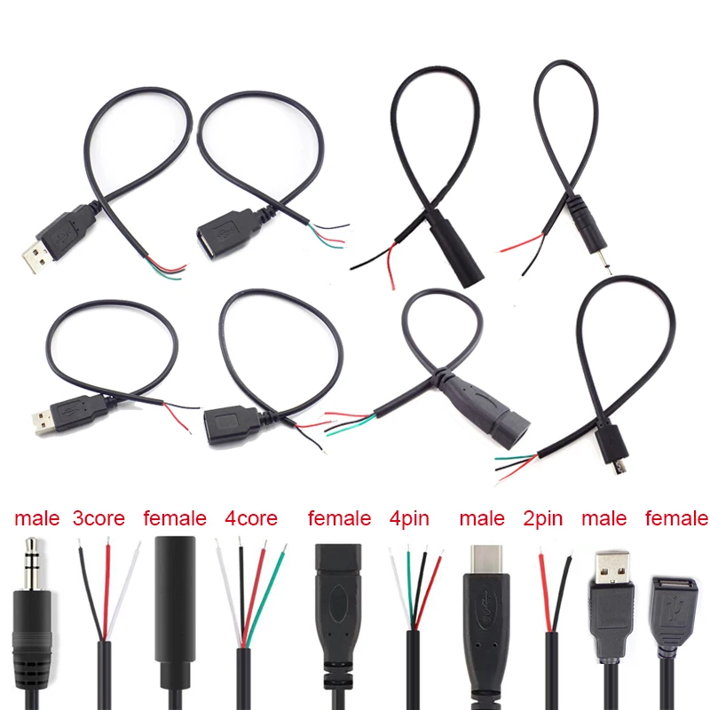 

5 Types Wire Micro USB 2.0 Type-C AUX Mono Connector Power Supply Extension Cable Charger Male to Female 2-pin 4-pin Data Line