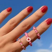 new trendy vintage geometric round beach pink rice bead resin acrylic heart metal beaded ring for women combination jewelry gift