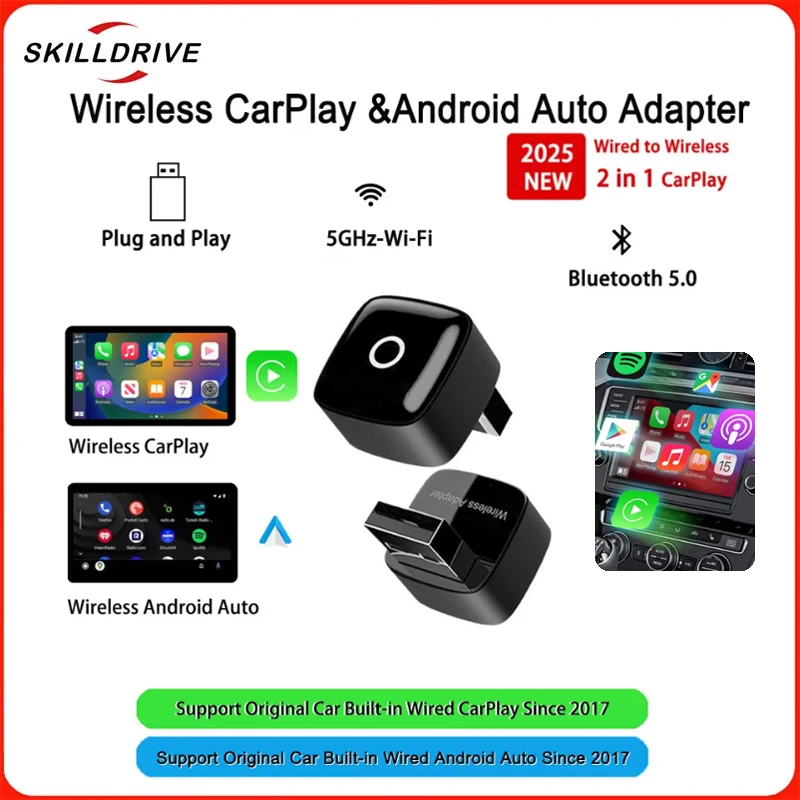 

Skilldrive 2 в 1, беспроводной адаптер CarPlay, беспроводной Android Auto, AI Smart Box, интеллектуальные системы для автомобиля, встроенный проводный Carplay