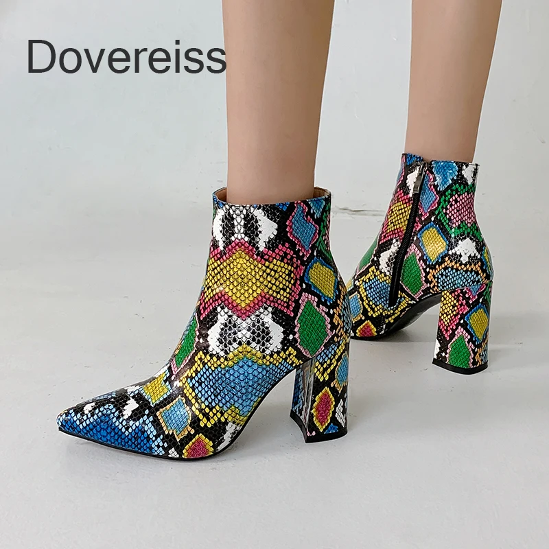 

2023 New Winter Chunky Heels Black Fashion Zipper Ladies Fashion Snakeskin Female Block Heels Ankle Boots Big Size 40 41 42 43