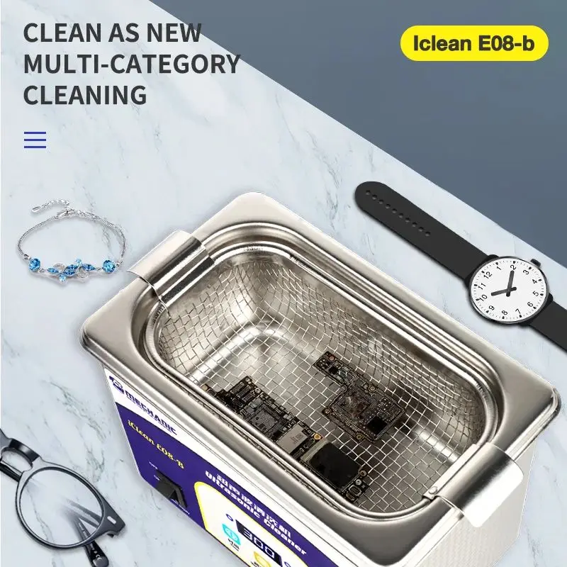 Ультразвуковой очиститель MECHANIC iClean-E08B 360° °   Чистка 40 кГц 0,8 л с возможностью времени для стекла объектива телефона, камеры, часов, инструмент для ремонта (art.: 3920cbb0a09c2) - 3920cbb0a09c2