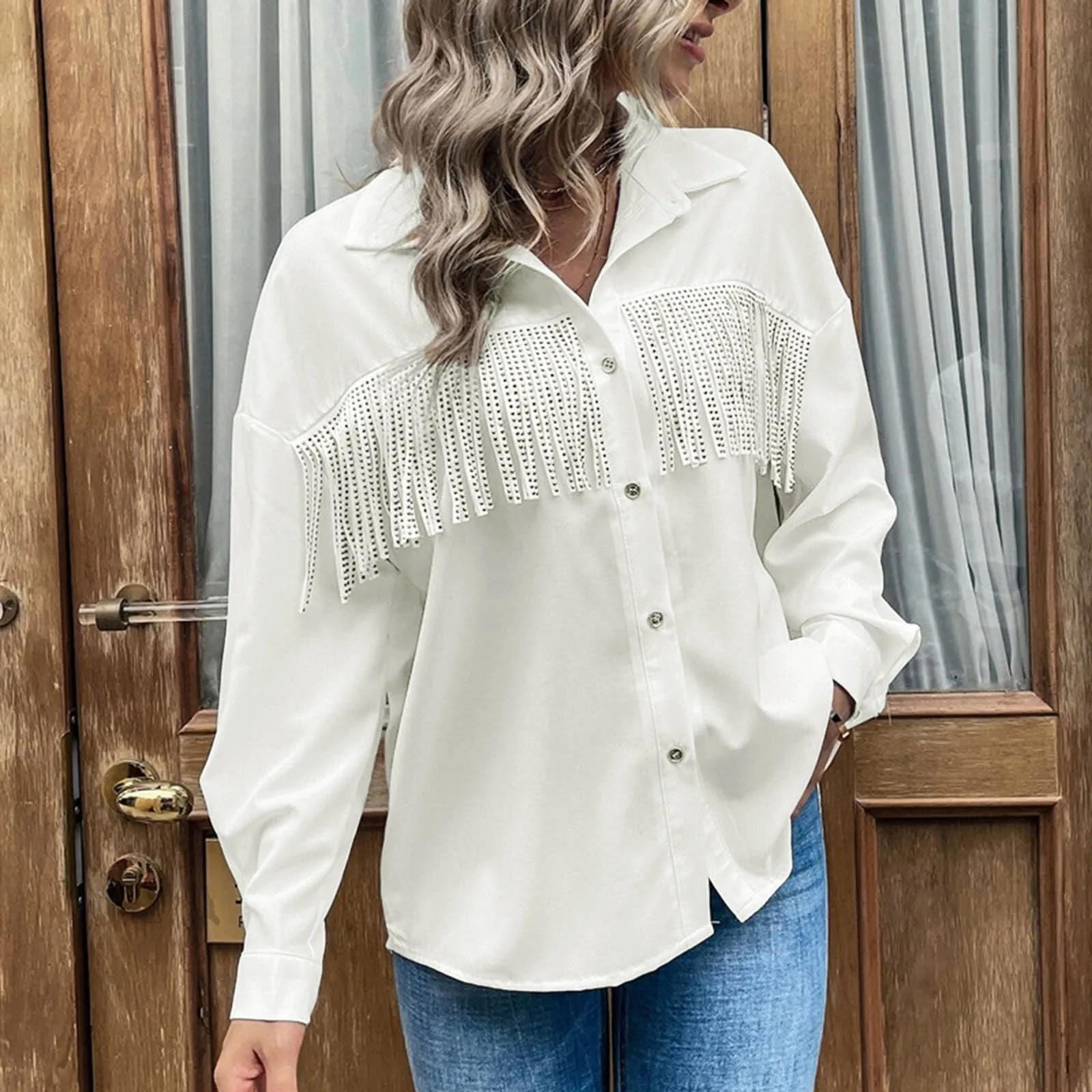 

Women Long Sleeve Raglan Sleeve Shirts Fringe Fashion Blouse Tops Short Pack