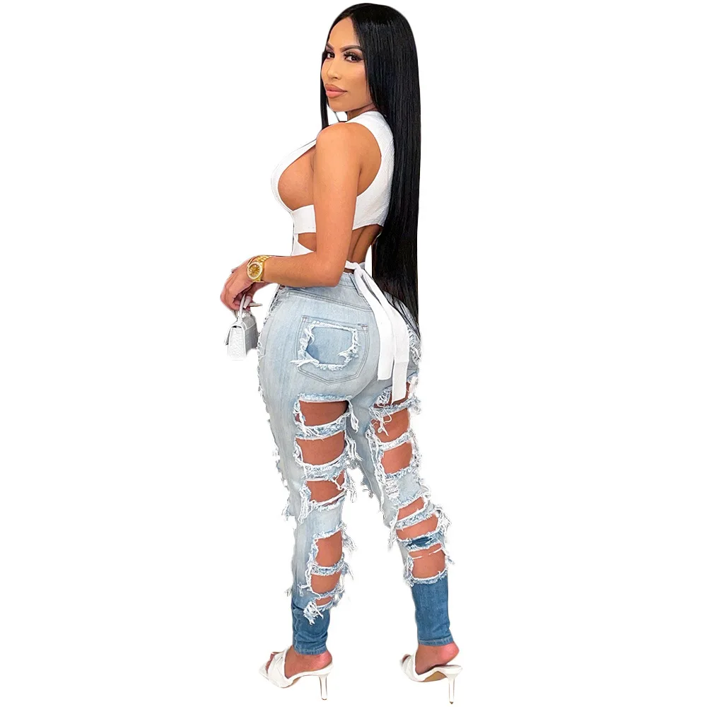 2022 Fashion Streetwear Ripped Jeans for Women Matte Gradient Sexy Cutout Denim Trousers Casual Hot Pants Women's Wear