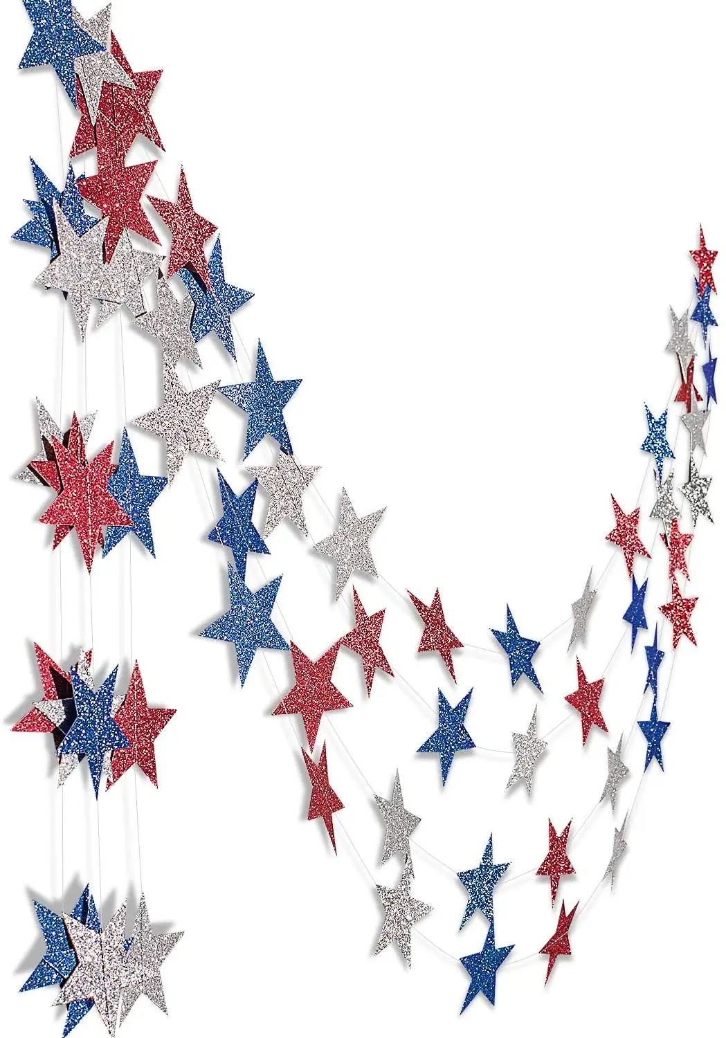 

13Ft USA Red Silver Blue Patriotic Star Streamer 4th of July Glitter Paper Star Garland Hanging Decoration for Independence Day