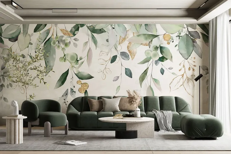 

Custom Size Green Eucalyptus Peel and Stick Wallpaper - Leaves and Branches Removable Wall Decal - Watercolor Botanical Self Adh