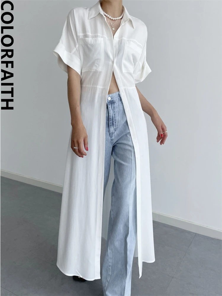 

Colorfaith, новинка 2022, высокая талия, карманы, корейская мода, винтажная, элегантная, женская, шикарная, осенне-зимняя, длинная рубашка, платья, ...