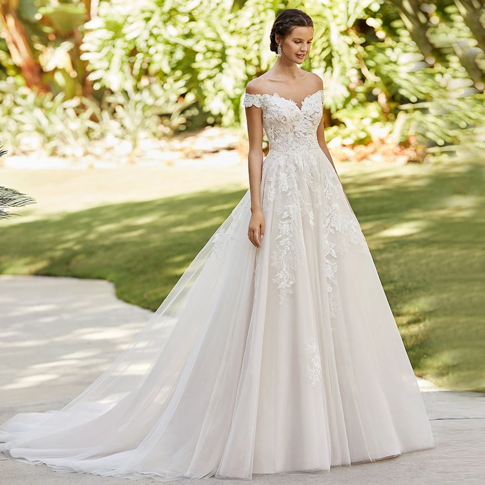 

Vintage Sweetheart Wedding Dresses for Marriage Court Train Off-The-Shoulder Pearls Lace Applique Bridal Gowns Vestido De Novia