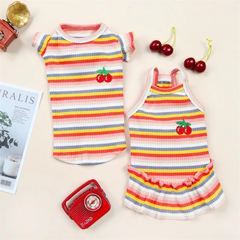 

New Luxury Rainbow Pet Dog Clothes Cherry Print Lovely Breathable Dresses For Small Dogs Summer Spring Pink Puppy Cat Clothing