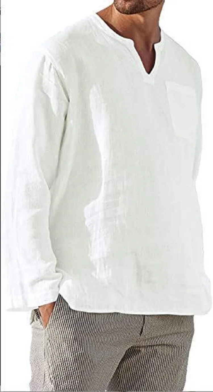 2022 European And American Spring And Summer New Men's Long-Sleeved V-Neck Shirts Casual Beach Linen Shirts For Men