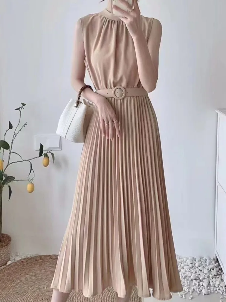 

New Summer Elegant Pleated Solid Women Dress Sleeveless Casual Party A-Line Evening Club Sundress Female Vintage Clothes Robe