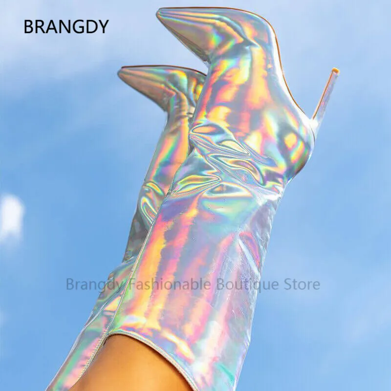 

2022 Neon Rose Stiletto Heels Boots Pointed Toe Metallic Sheen Mirror Leather Calf High Heels Bootes Women Party Wedding Shoes