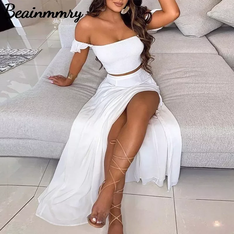 

Sexy Split Skirt and Top Set Off Shoulder Strapless Crop Top Long Skirt Set summer Solid Black Beach Club Outfits Mujer Faldas
