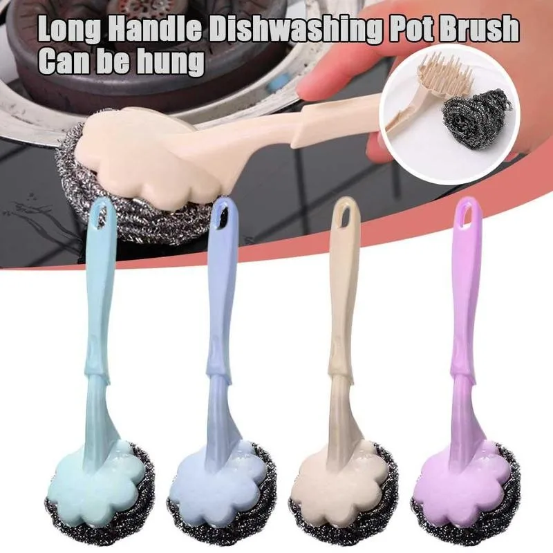 

Стальная щетка для чистки кухни с длинной ручкой, инструмент для чистки, щетка для мытья посуды, бытовые съемные кухонные аксессуары