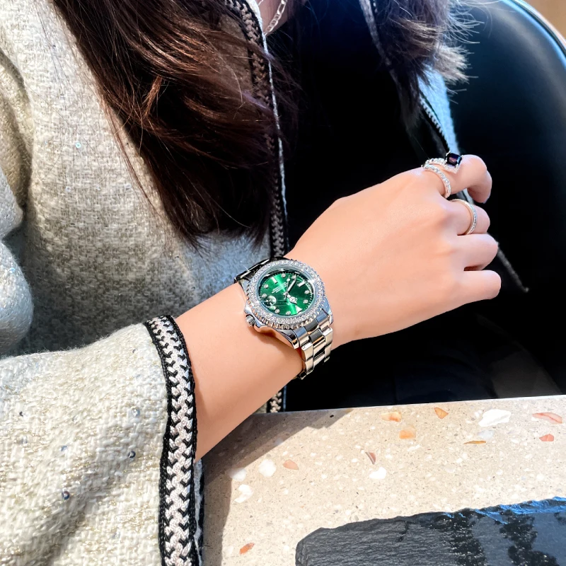 

Luxury Brand Watches Classic Green Dial Crystal Diamond Bezel Stainless Steel Leather for Women Wristwatch Reloj Mujer Relógio