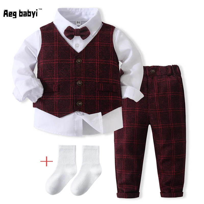 Autumn Baby Boys Formal Suits Clothes Gentleman Long Sleeve Shirt Tie Vest Trousers 5Pcs Set Kids Birthday Wedding Party Dress |