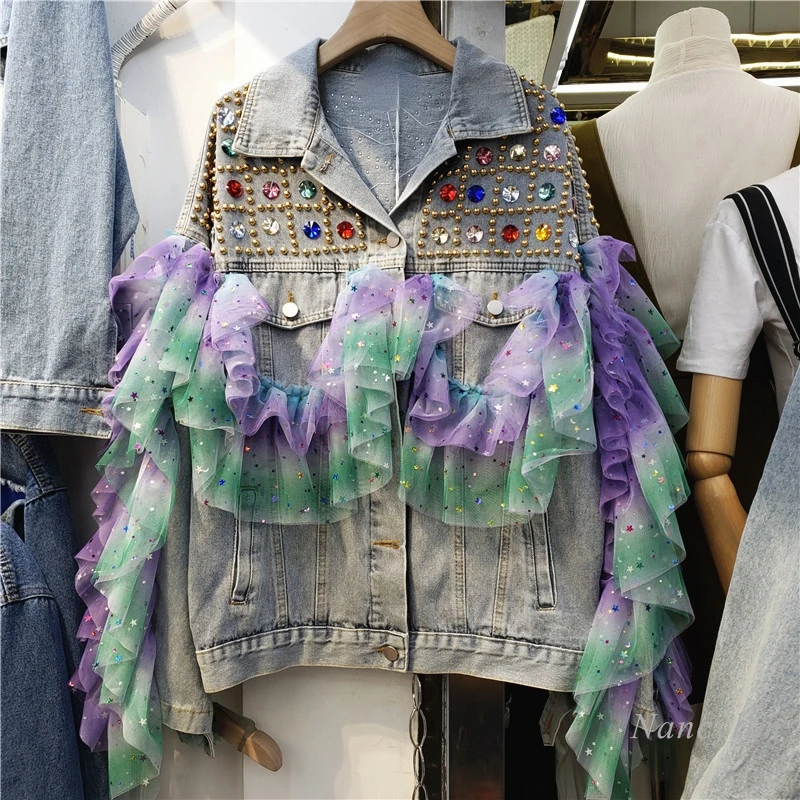 

European Style Denim Jacket Woman 2022 New Exquisite Rhinestone Beaded Lace Stitching Loose Street Personalized Coat Veste Femme