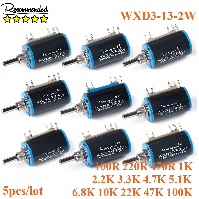 

5pcs WXD3-13 2W Wirewound Potentiometer 100 220 470 1K 2.2K 4.7K 6.8K 10K 22K 100K Ohm WXD3-13-2W Linear Rotary Potentiometer