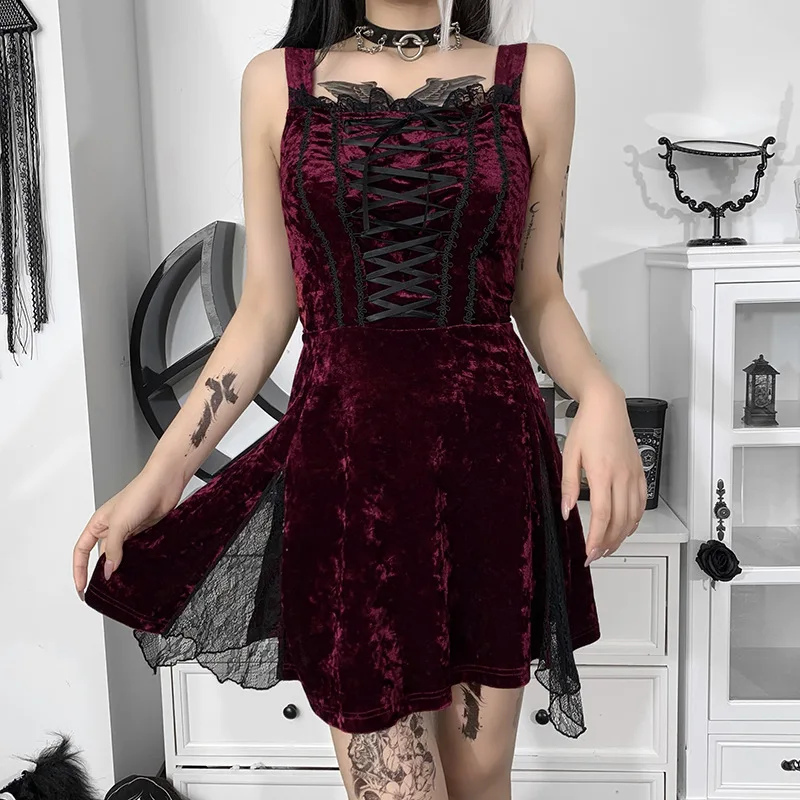 

Gothic Aesthetic Punk Wine Red Backless Lace Patchwork Mini Grunge Fairy Dresses Vintage Sexy Lace Up Dress Women Party Dress