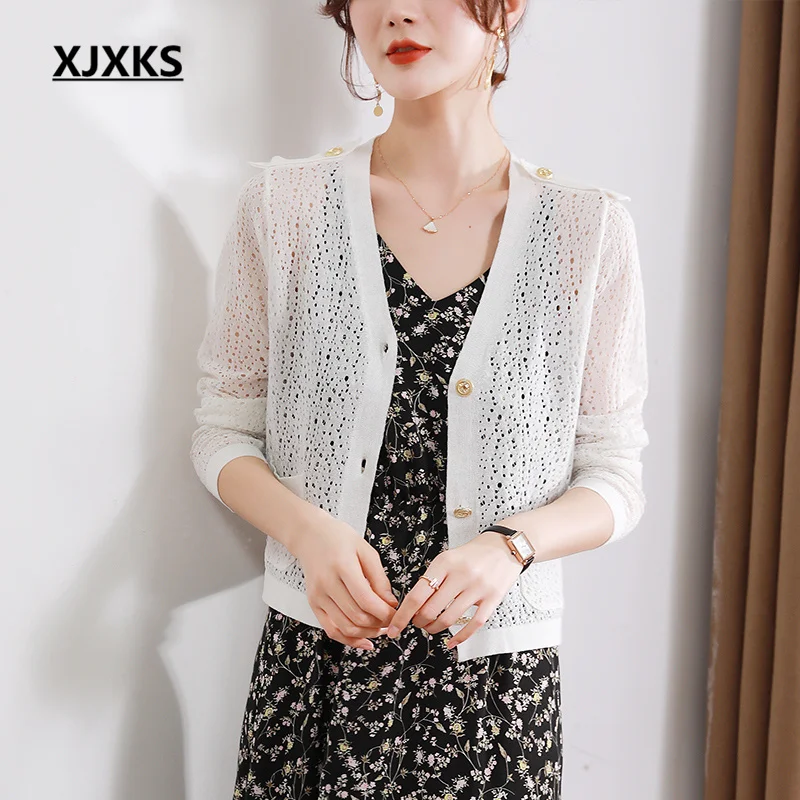 XJXKS Fashion V-neck Long-sleeved Women's Cardigan 2023 Spring Summer Autumn Single-breasted Mulberry Silk Knitted Thin Jacket