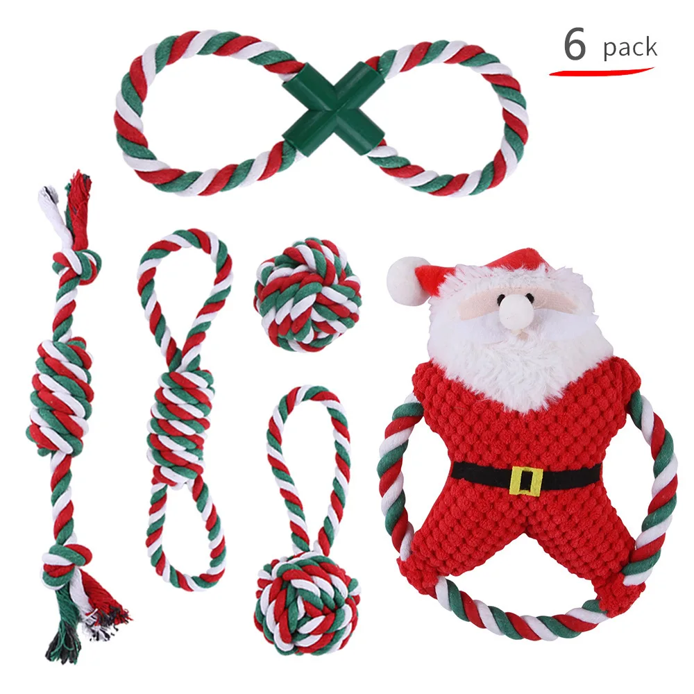 

Popular Pet Christmas Cotton Rope Toy Set Tooth Grinding Supplies Color Cotton Rope Holiday Knot Bite Resistant Pet Accessories