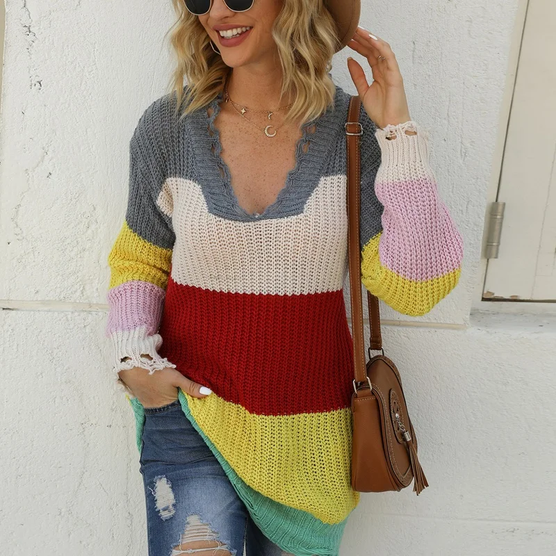 

Striped Print V-Neck Pullover Sweater Women Loose Sweaters Winter Hole Knitted Autumn Tops Oversized Sweater