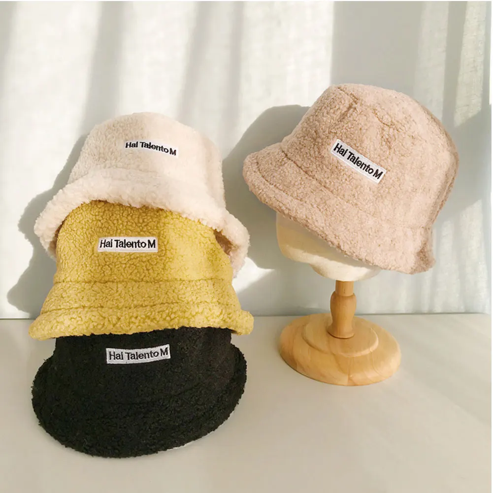 

Fashion Women Bucket Hat Winter Warm Plush Fisherman Hat Lady Vintage Spring Visor Soft Sun Hats Flat Top Hat Lamb Wool Hat