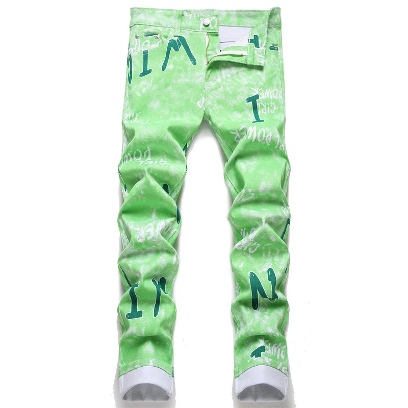 

Men Y2K Neon Green Print Jeans Fashion Digital Printed Stretch Denim Pants Slim Tapered Trousers