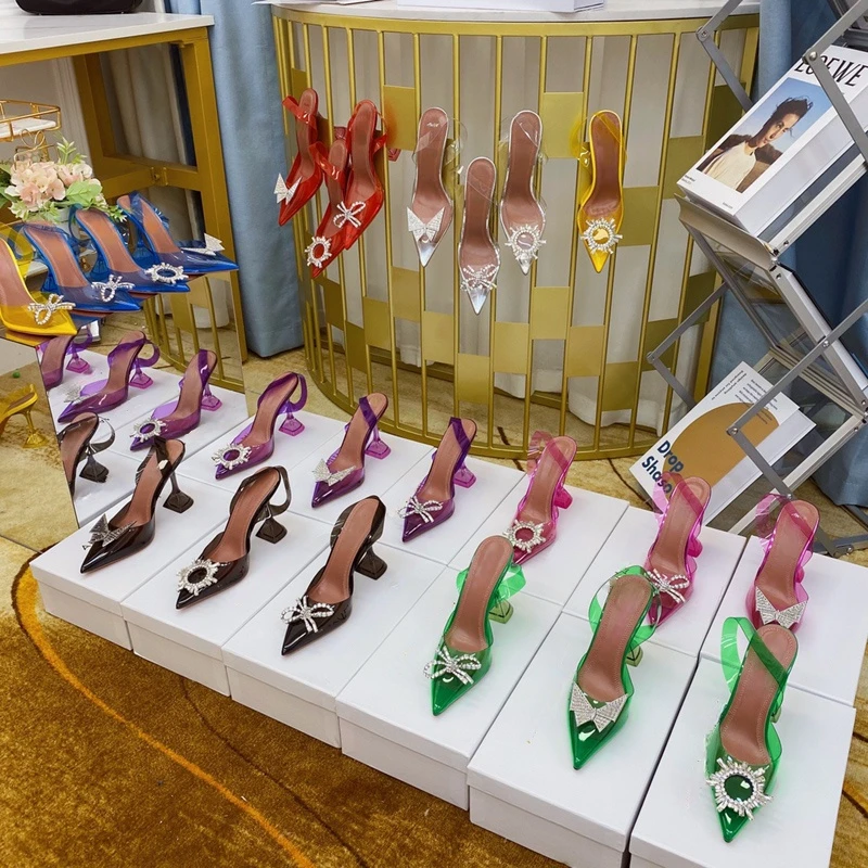 

High Heels Women's PVC Transparent Rhinestone Bow SUNFLOWER Stiletto Heel Pointed Sandals Wedding Shoes