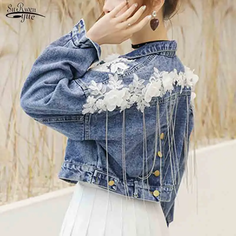

Casual Flower Embroidery Short Coat Fall Heavy Tassel Denim Coat Female Three-dimensional Blue Jeans Jacket Outwear Women 16755