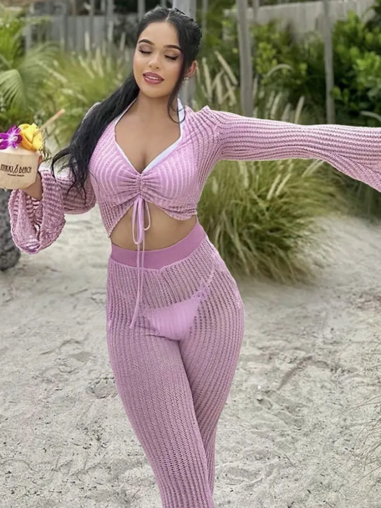 

2023 Autumn Women Fashion Solid Two Piece Sets Long Sleeve Crop Tops High Waist Bell-bottoms Suit Ladies Chic Slim Streetwear